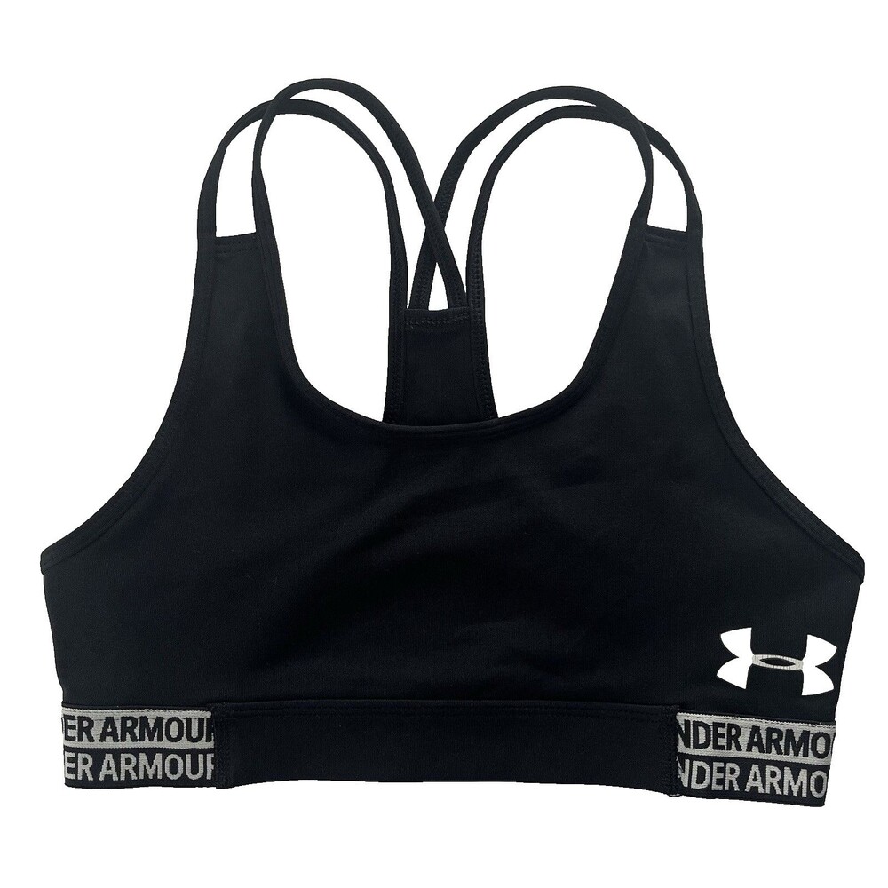 Under Armour Sports Bra Black Heat Gear Racerback Youth Girls Logo Athletic Top